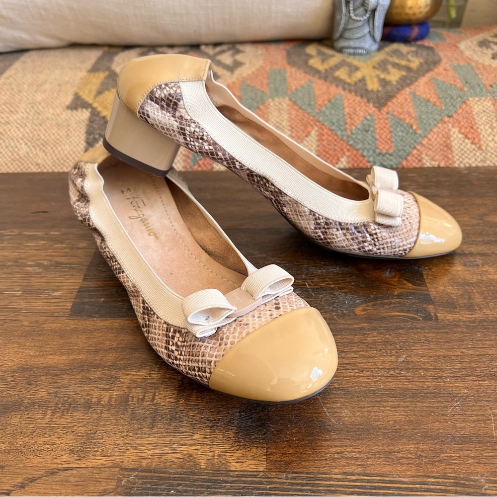 Salvatore Ferragamo Snake Print Leather Nude Captoe Elastic Trim Ballet Pumps 7